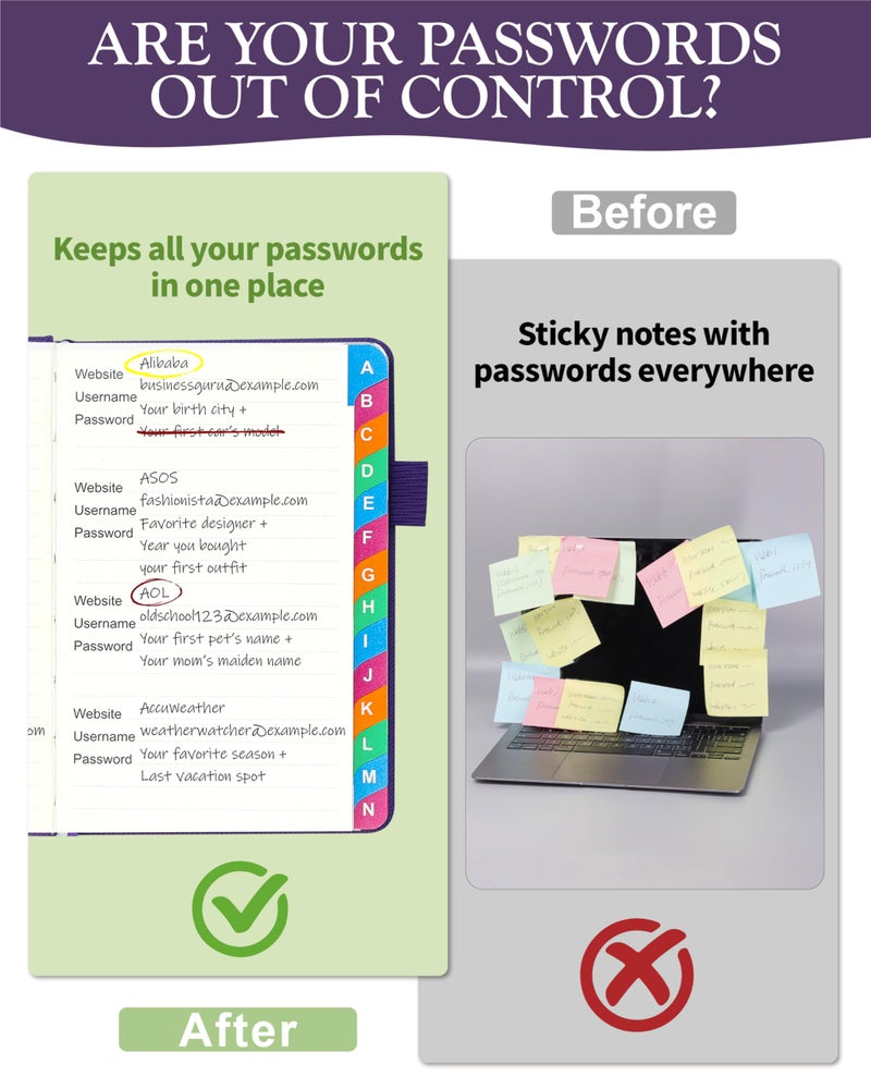 hi!SCI Password Keeper Book with Colorful Alphabetical Tabs, Hardcover Password Log-book for Internet Password and Website Address, 4.1'' x 6.2'' Password Notebook for Home Office (Royal Purple, Small (4.1 x 6.2 Inch)) - Image 2