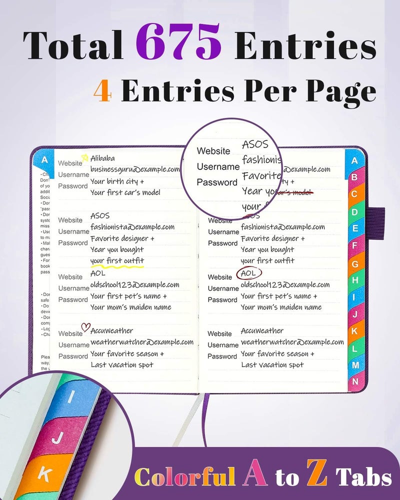 hi!SCI Password Keeper Book with Colorful Alphabetical Tabs, Hardcover Password Log-book for Internet Password and Website Address, 4.1'' x 6.2'' Password Notebook for Home Office (Royal Purple, Small (4.1 x 6.2 Inch)) - Image 3