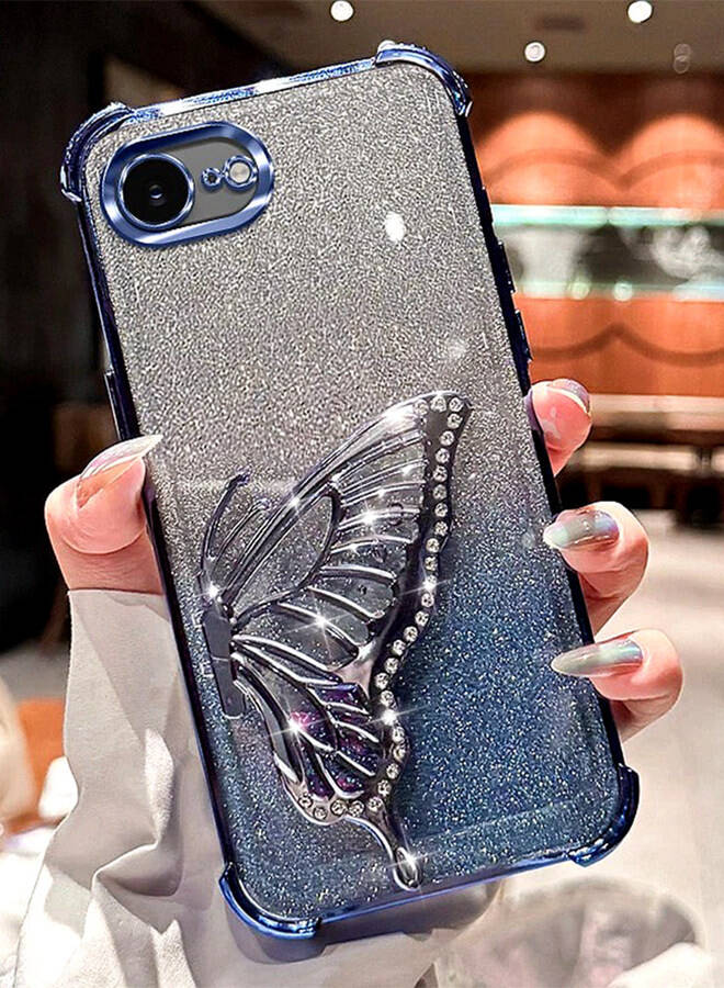 Glitter Case for iPhone 16e，Camera Lens Protector，Sparkly Butterfly Kickstand， Luxury Gradient Shockproof iPhone 16 e Cover for Women Girls Gift，Blue - Image 1
