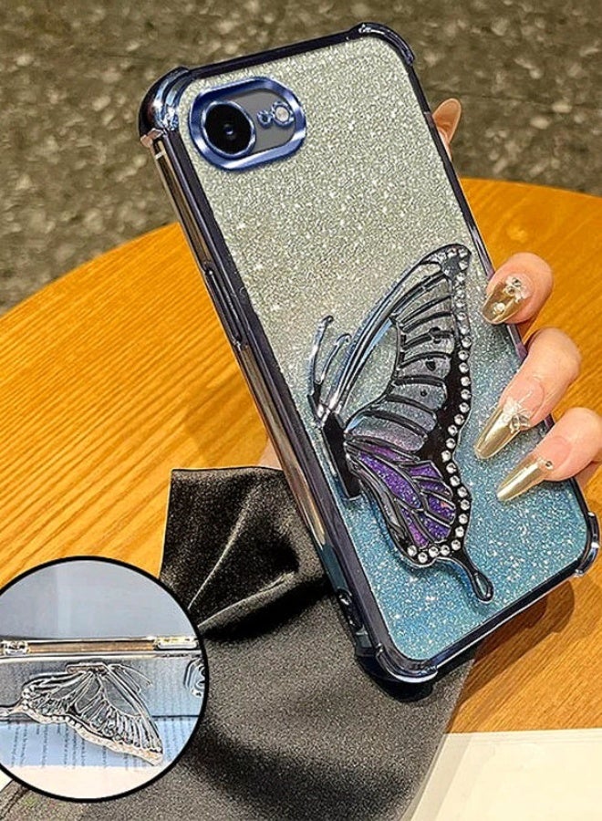 Glitter Case for iPhone 16e，Camera Lens Protector，Sparkly Butterfly Kickstand， Luxury Gradient Shockproof iPhone 16 e Cover for Women Girls Gift，Blue - Image 2