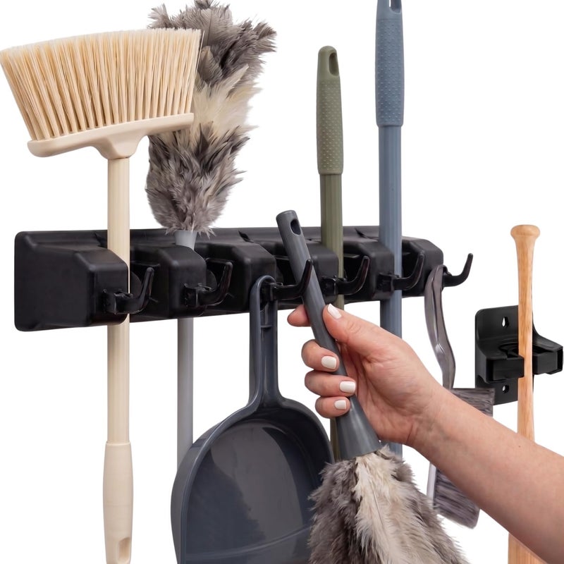 Berry Ave Combo 5 Slot Broom Holder w/ 1 Self Adhesive Mop Gripper No-Drilling, Wall Mount Tool Organizers For Kitchen, Garage, Laundry Room- Anti-Slip Hanger For Brooms, Mops, Rakes, Dustpans (Black / Black) - Image 1