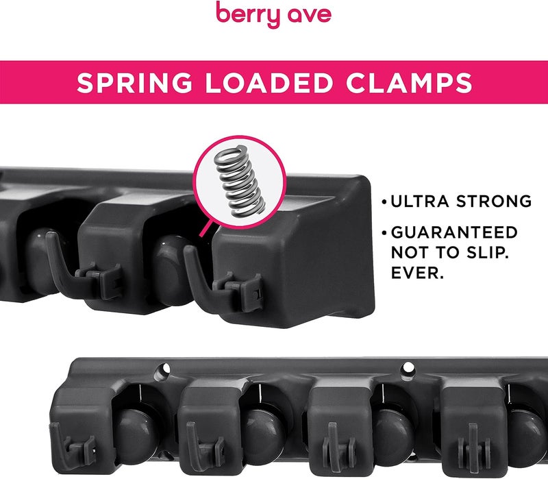 Berry Ave Combo 5 Slot Broom Holder w/ 1 Self Adhesive Mop Gripper No-Drilling, Wall Mount Tool Organizers For Kitchen, Garage, Laundry Room- Anti-Slip Hanger For Brooms, Mops, Rakes, Dustpans (Black / Black) - Image 3