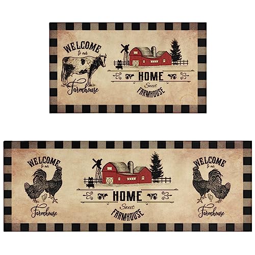 Ideasonna Farmhouse Kitchen Rugs Sets of 2 Decor Brown Country Rustic Cow Rooster Kitchen Rug NonSlip Washable Farmhouse Kitchen Mats for Floor - Image 1