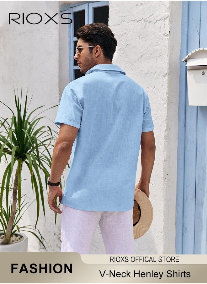 RIOXS - Men's Shirts, Short Sleeve V-Neck Henley Shirts, Mens Loose Linen Button-Up Tops, Summer Casual Beach Shirts For Men, Textured Shirts With Pocket, For Daily, Party, Date, Wedding, Office, Home And Travel Wear - Image 1