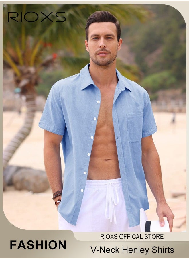 RIOXS - Men's Shirts, Short Sleeve V-Neck Henley Shirts, Mens Loose Linen Button-Up Tops, Summer Casual Beach Shirts For Men, Textured Shirts With Pocket, For Daily, Party, Date, Wedding, Office, Home And Travel Wear - Image 1