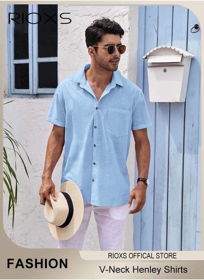 RIOXS - Men's Shirts, Short Sleeve V-Neck Henley Shirts, Mens Loose Linen Button-Up Tops, Summer Casual Beach Shirts For Men, Textured Shirts With Pocket, For Daily, Party, Date, Wedding, Office, Home And Travel Wear - Image 1
