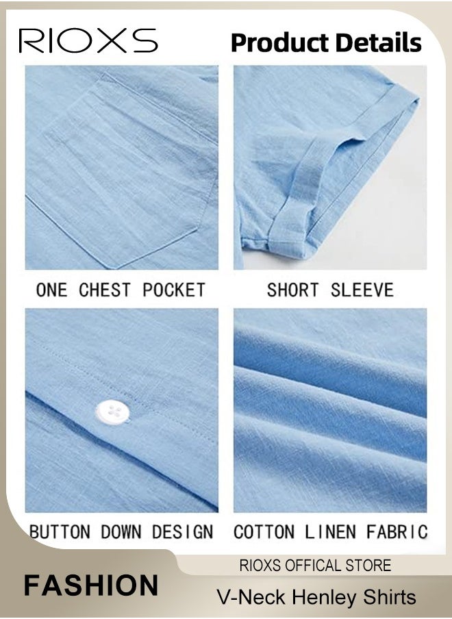 RIOXS - Men's Shirts, Short Sleeve V-Neck Henley Shirts, Mens Loose Linen Button-Up Tops, Summer Casual Beach Shirts For Men, Textured Shirts With Pocket, For Daily, Party, Date, Wedding, Office, Home And Travel Wear - Image 1