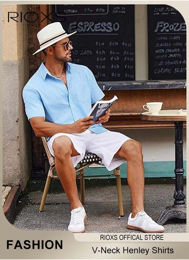 RIOXS - Men's Shirts, Short Sleeve V-Neck Henley Shirts, Mens Loose Linen Button-Up Tops, Summer Casual Beach Shirts For Men, Textured Shirts With Pocket, For Daily, Party, Date, Wedding, Office, Home And Travel Wear - Image 1