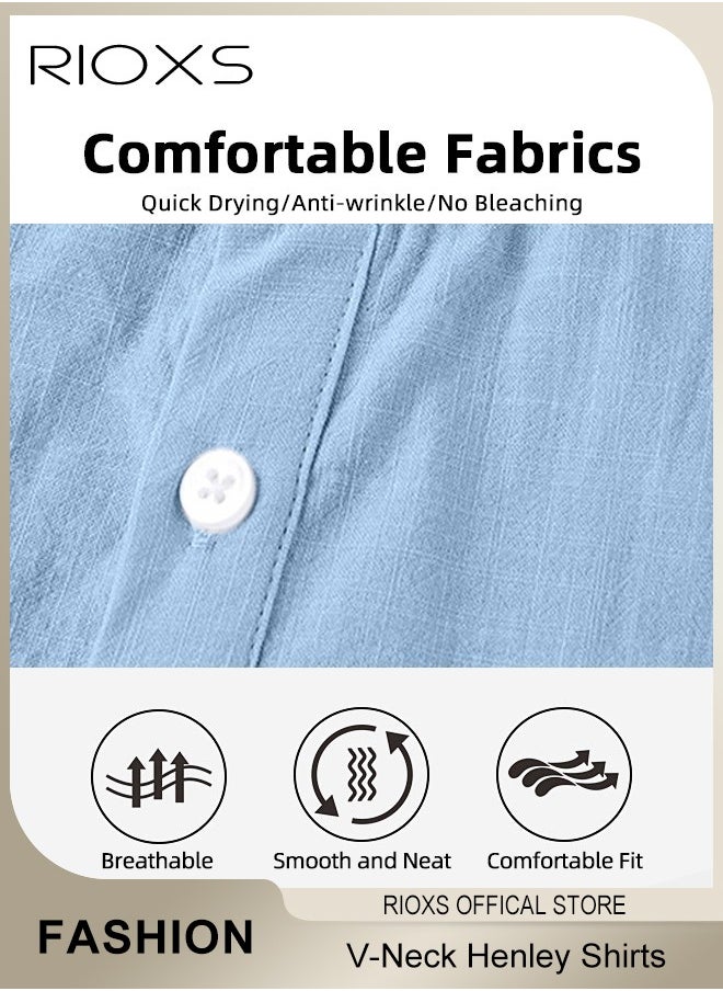 RIOXS - Men's Shirts, Short Sleeve V-Neck Henley Shirts, Mens Loose Linen Button-Up Tops, Summer Casual Beach Shirts For Men, Textured Shirts With Pocket, For Daily, Party, Date, Wedding, Office, Home And Travel Wear - Image 1