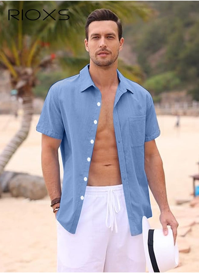 RIOXS Men's Shirts, Short Sleeve V-Neck Henley Shirts, Mens Loose Linen Button-Up Tops, Summer Casual Beach Shirts For Men, Textured Shirts With Pocket, For Daily, Party, Date, Wedding, Office, Home And Travel Wear  - Image 4