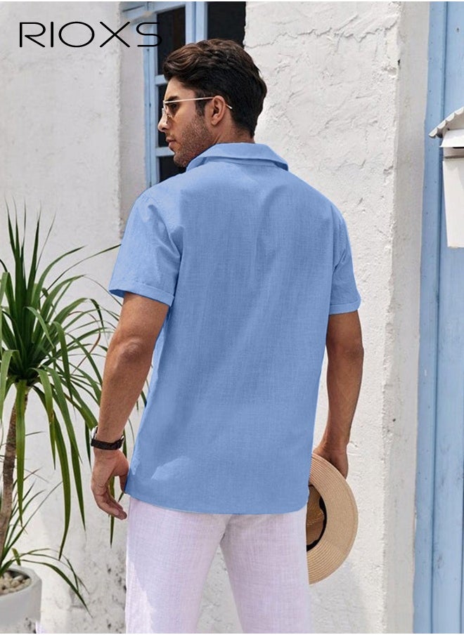 RIOXS Men's Shirts, Short Sleeve V-Neck Henley Shirts, Mens Loose Linen Button-Up Tops, Summer Casual Beach Shirts For Men, Textured Shirts With Pocket, For Daily, Party, Date, Wedding, Office, Home And Travel Wear  - Image 3