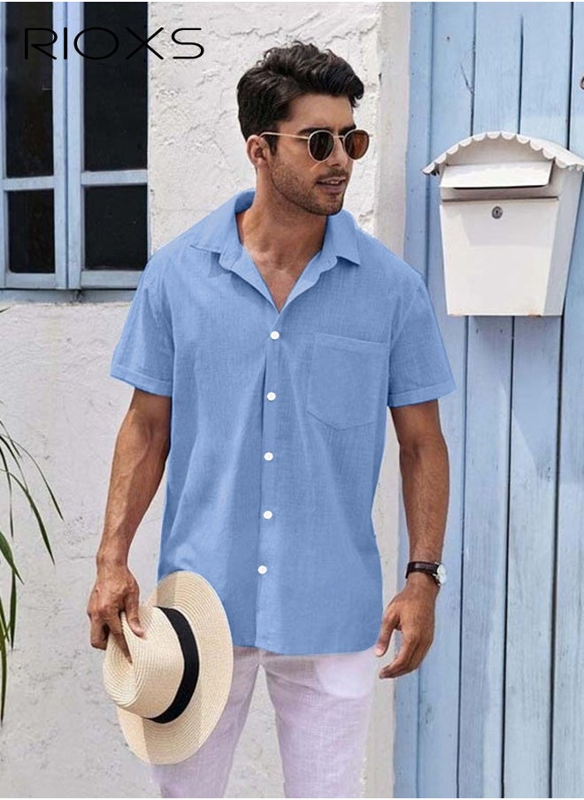 RIOXS Men's Shirts, Short Sleeve V-Neck Henley Shirts, Mens Loose Linen Button-Up Tops, Summer Casual Beach Shirts For Men, Textured Shirts With Pocket, For Daily, Party, Date, Wedding, Office, Home And Travel Wear  - Image 1