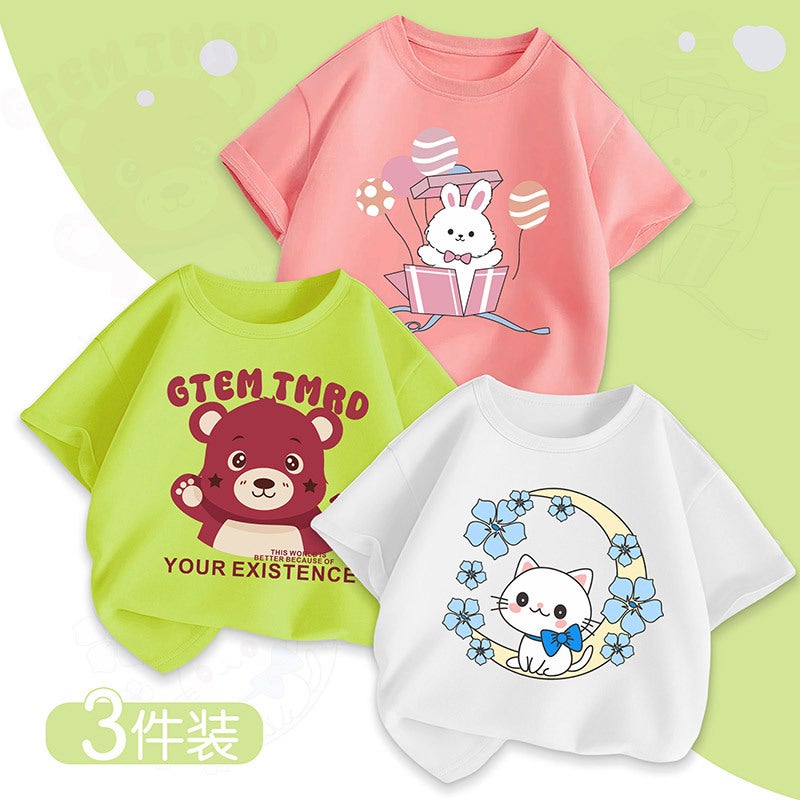 Girls' Short-Sleeved T-Shirt Summer Children'S Half-Sleeved Pure Cotton Summer Short T-Shirt Girls' Thin Cartoon Top - Image 3