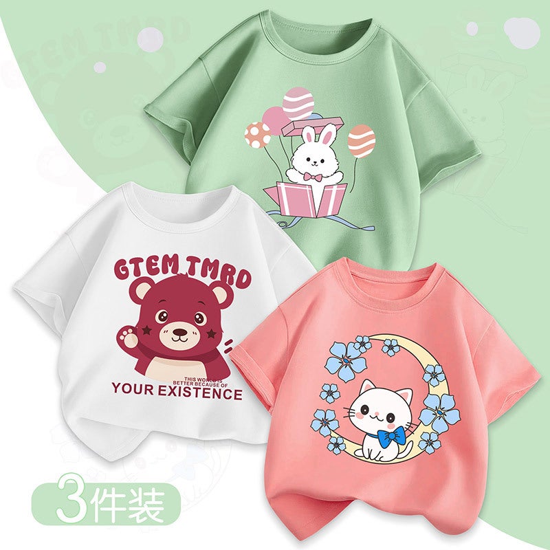 Girls' Short-Sleeved T-Shirt Summer Children'S Half-Sleeved Pure Cotton Summer Short T-Shirt Girls' Thin Cartoon Top - Image 2