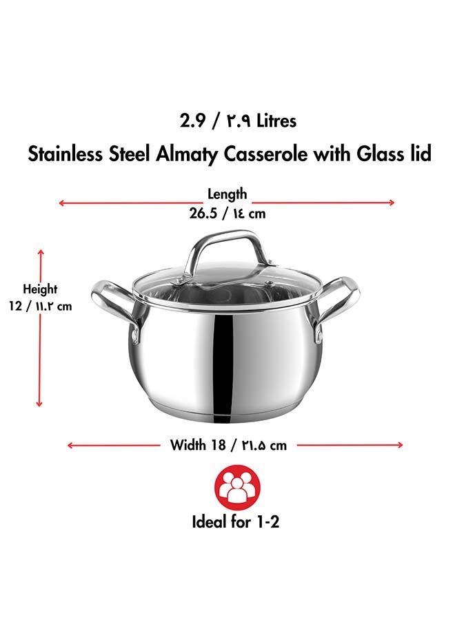 VINOD Vinod Almaty Stainless Steel Casserole with Glass Lid 2.9 litre, 18 cm | 2.6mm Thick Base |Casserole Sturdy Riveted Handle | 2 Year Warranty | Induction & Gas Base  - Image 2