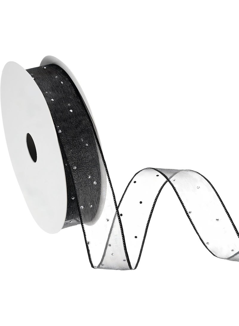 Organza Sheer Ribbon with Silver Rhinestone, 1 Inch x 10 Yard Gauze Wired Ribbon for Christmas Tree Wreath Bow Making Gift Wrapping Party Decoration, Black - Image 1
