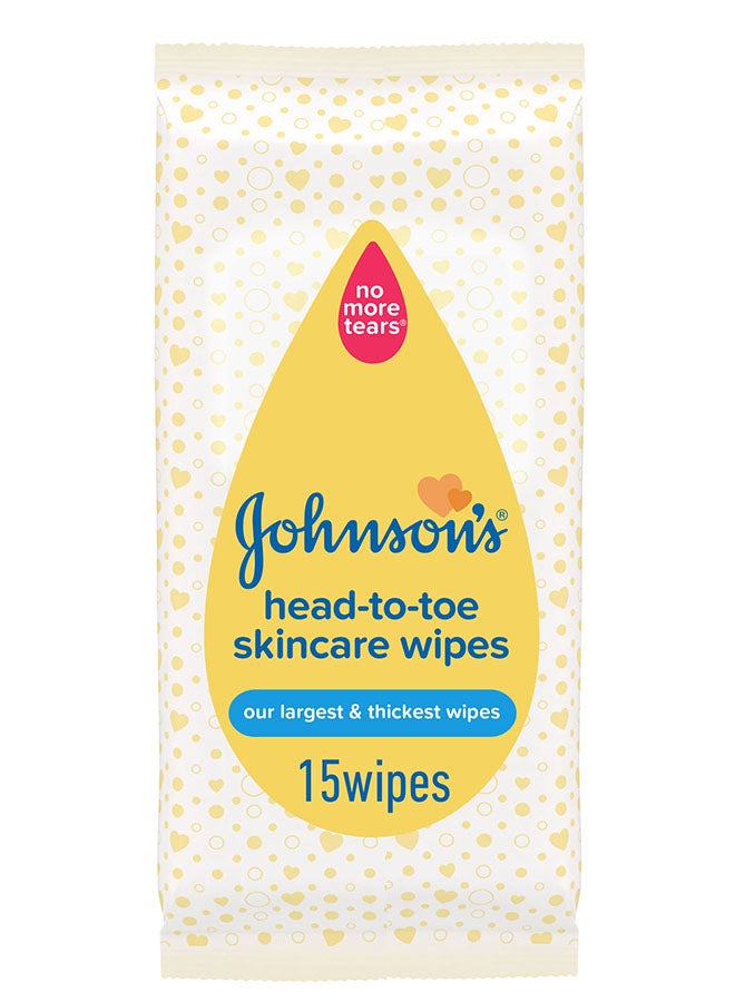 Johnson's Pack Of 15 Baby Head-to-Toe Skincare Wipes With Free from Soap, Dyes, Alcohol and Parabens, White - Image 1