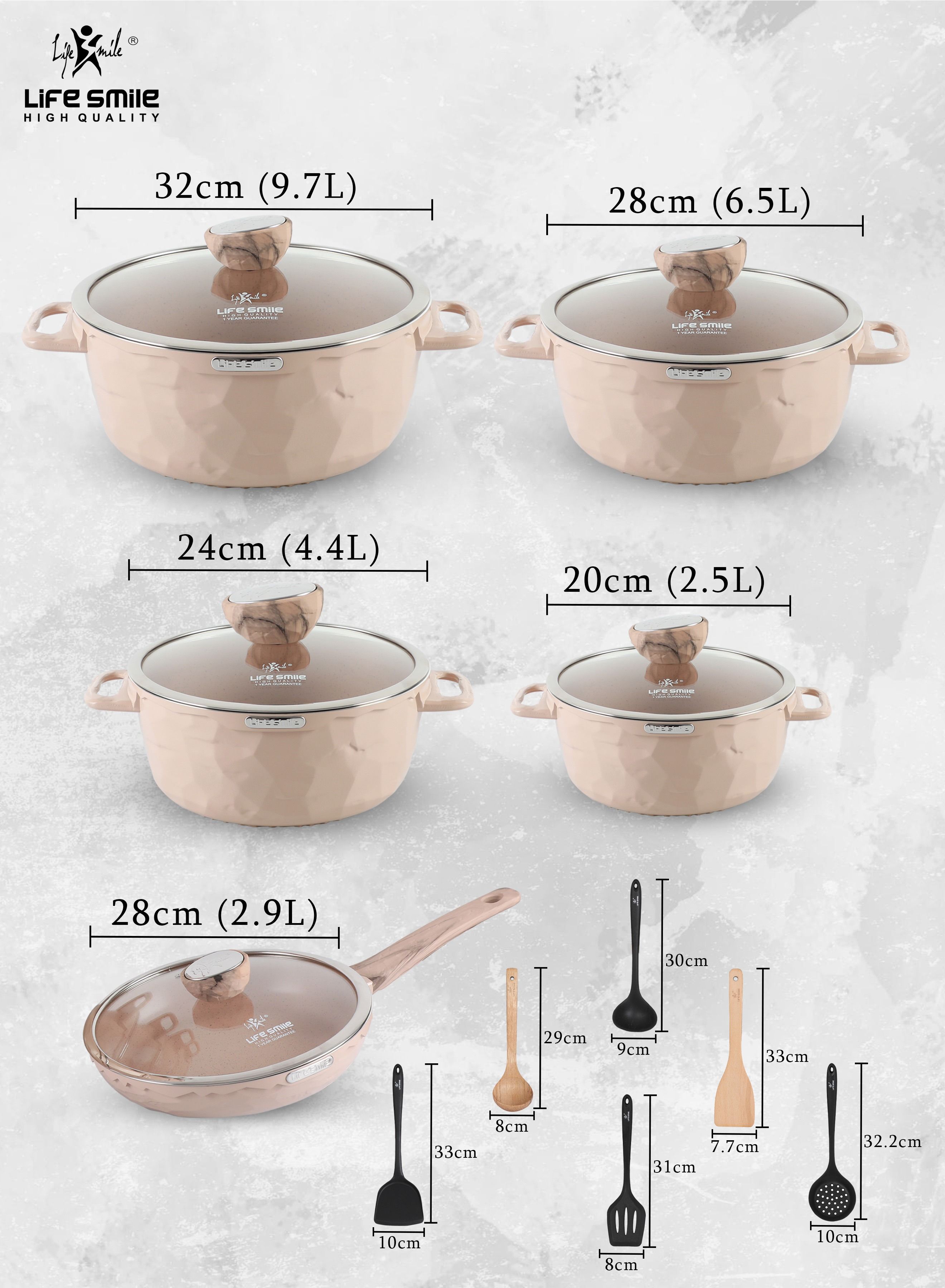 16Pcs Granite Coated Healthy Cookware Set - Die Cast Aluminum Cooking Casserrole Set Inclued Sauce & Stock Pots, French Frying Pan - Nylon and Wooden Tools 