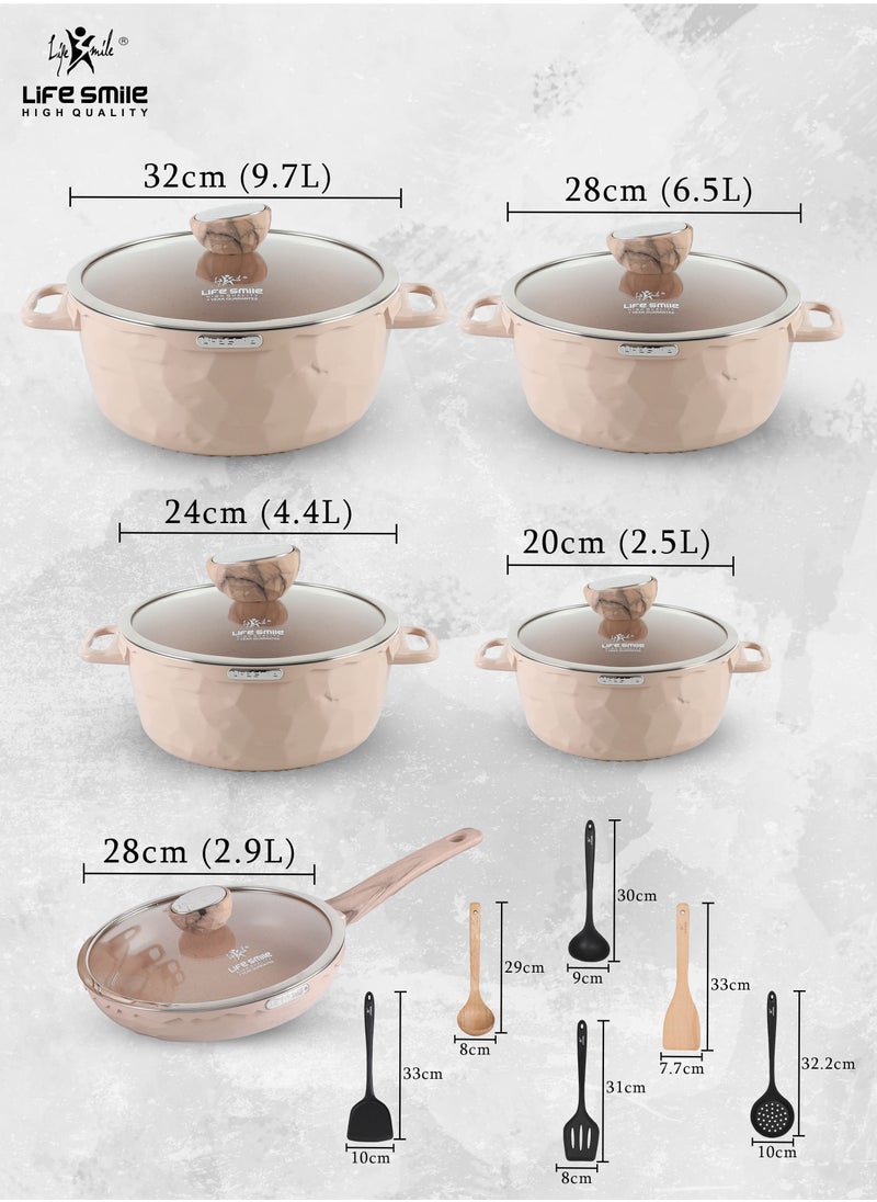 Life Smile 16Pcs Granite Coated Healthy Cookware Set - Die Cast Aluminum Cooking Casserrole Set Inclued Sauce & Stock Pots, French Frying Pan - Nylon and Wooden Tools  - Image 3