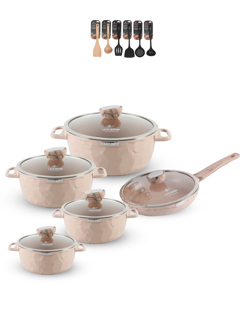 Life Smile 16Pcs Granite Coated Healthy Cookware Set - Die Cast Aluminum Cooking Casserrole Set Inclued Sauce & Stock Pots, French Frying Pan - Nylon and Wooden Tools  - Image 1