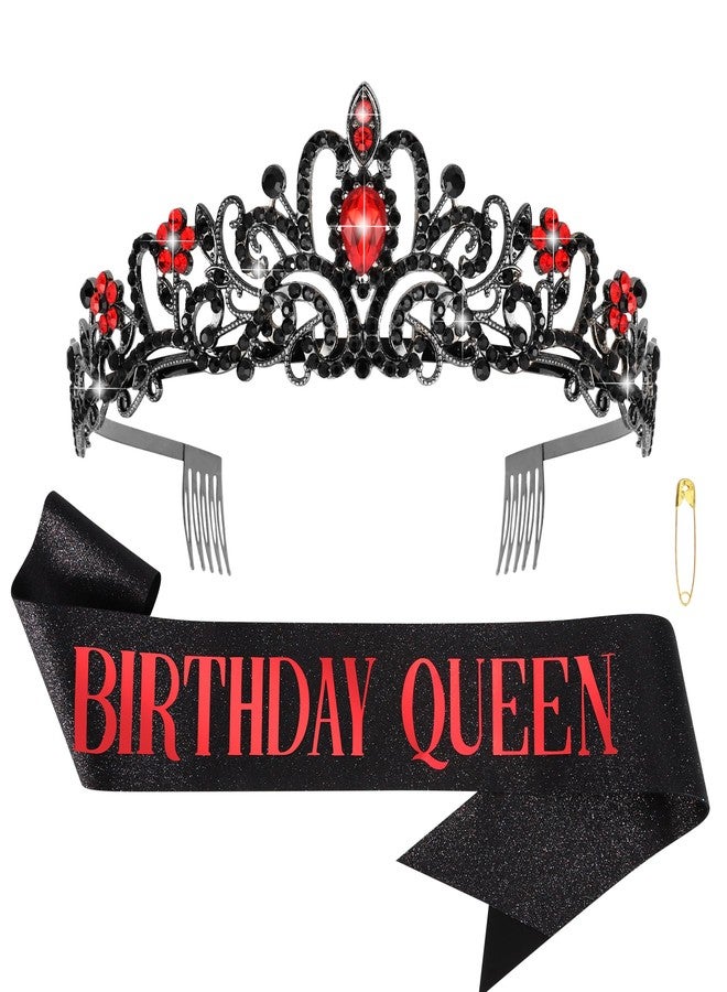 COCIDE Birthday Sash for Women Happy Birthday Crown Tiaras for Women Queen Princess Headband for Party Decoration Girl Black and Red Sahes Hair Accessories Favors Gift - Image 1