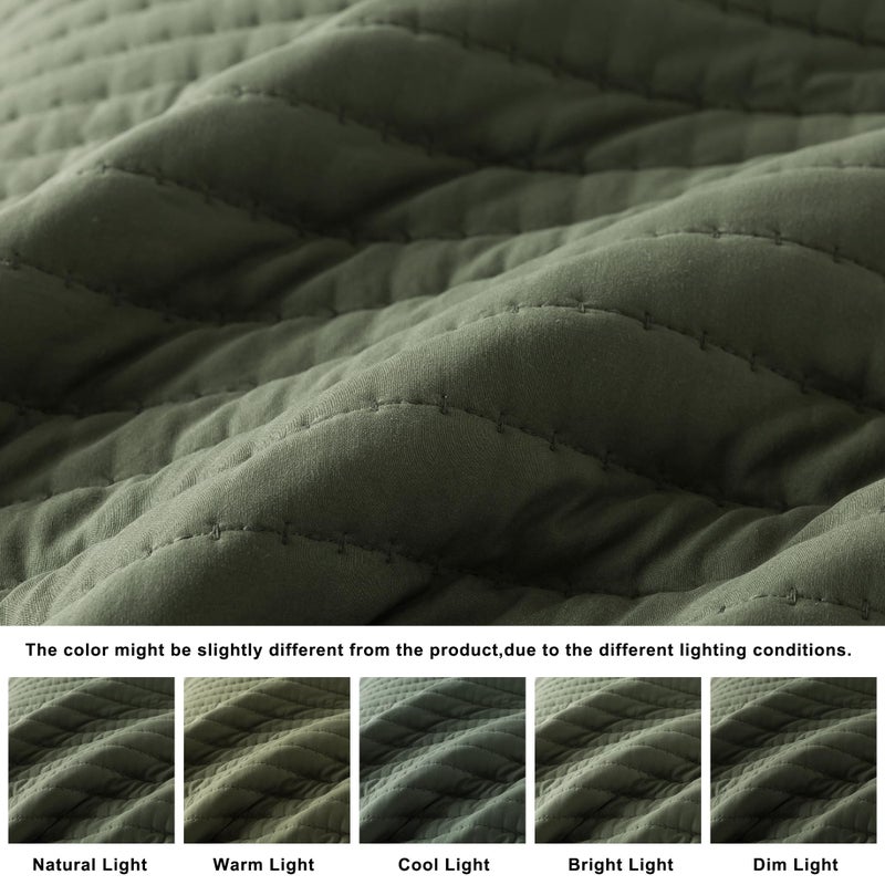 ROARINGWILD Olive Green Oversized King Size Quilt Set, California Cal King Striped Pick Stitch Bedspread, Soft Channel Farmhouse Rustic Coverlet, Spring Summer Lightweight Thin Comforter, 118x106 inches - Image 5