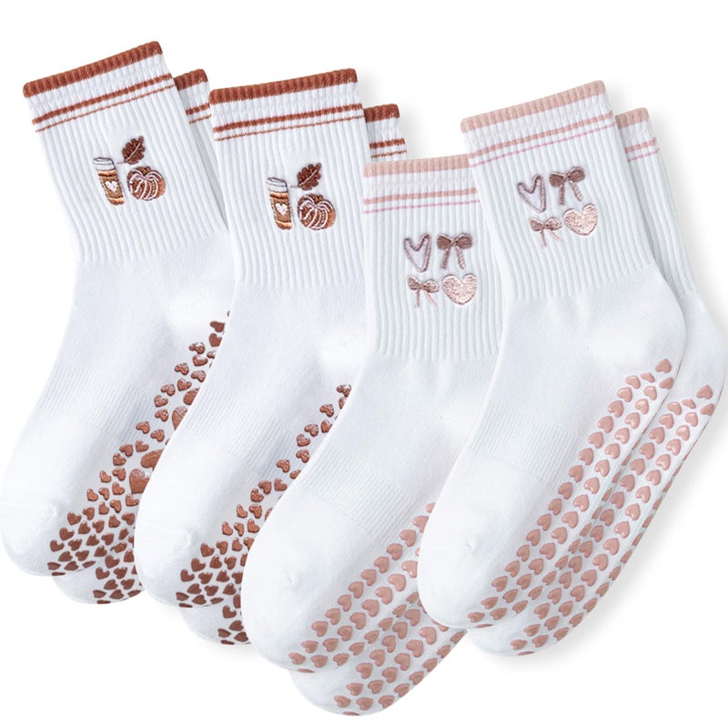 DZSoCoki Grip Socks Pilates,4/6Pairs Cotton Cute Pilates Socks for Women, Ruffle Grippy Sock for Yoga Barre Hospital 5-10in (2CoffeCup+2PinkHeart) - Image 1