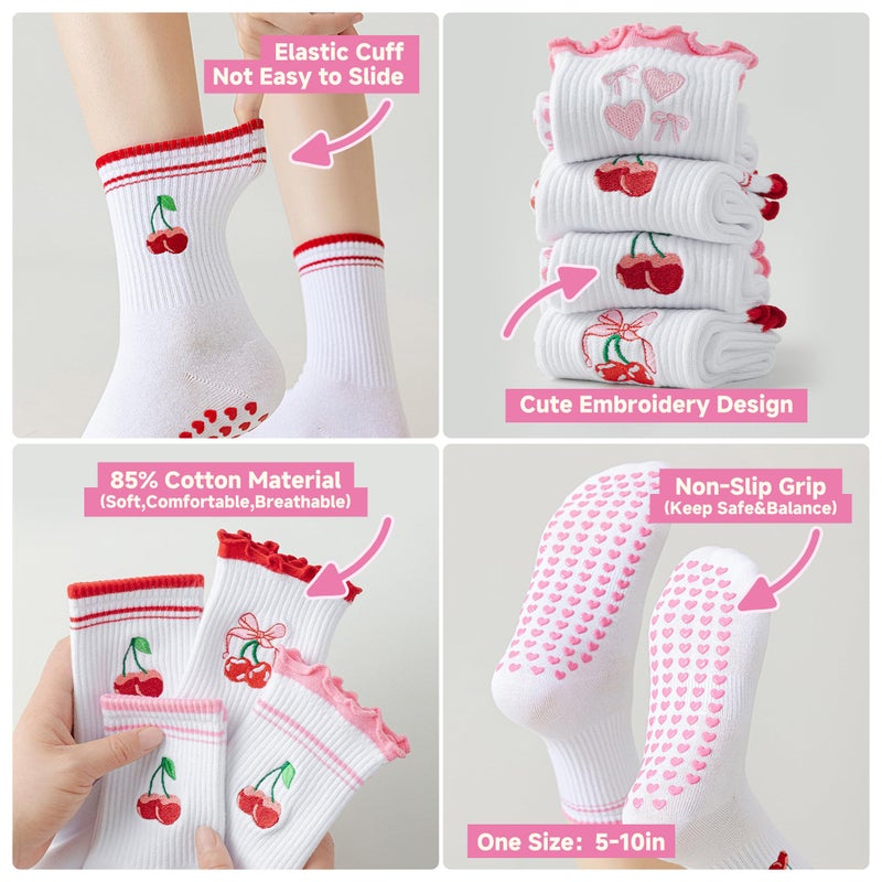 DZSoCoki Grip Socks Pilates,4/6Pairs Cotton Cute Pilates Socks for Women, Ruffle Grippy Sock for Yoga Barre Hospital 5-10in (2CoffeCup+2PinkHeart) - Image 3