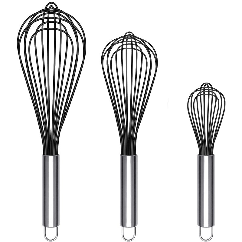TEEVEA Silicone Whisk Set of 3 Non Scratch Non Stick Silicone Coated Stainless Steel Wire Whisks Heat Resistant 480Â°F Kitchen Wisk for Cooking Blending Whisking Tool Black - Image 1