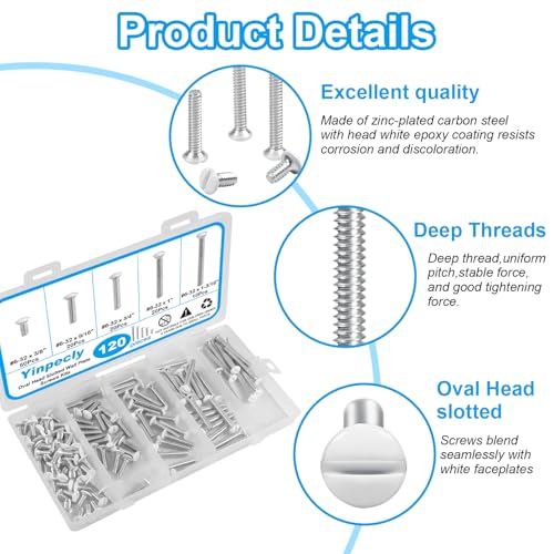 Yinpecly 120 PCS White Wall Plate Screws Kit, White Outlet Screws 6-32 Thread Electrical Cover Panel Switch Plate Screws 5 Length Sizes (3/8", 9/16", 3/4", 1", 1-3/16") - Image 3