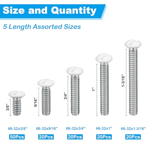 Yinpecly 120 PCS White Wall Plate Screws Kit, White Outlet Screws 6-32 Thread Electrical Cover Panel Switch Plate Screws 5 Length Sizes (3/8", 9/16", 3/4", 1", 1-3/16") - Image 2