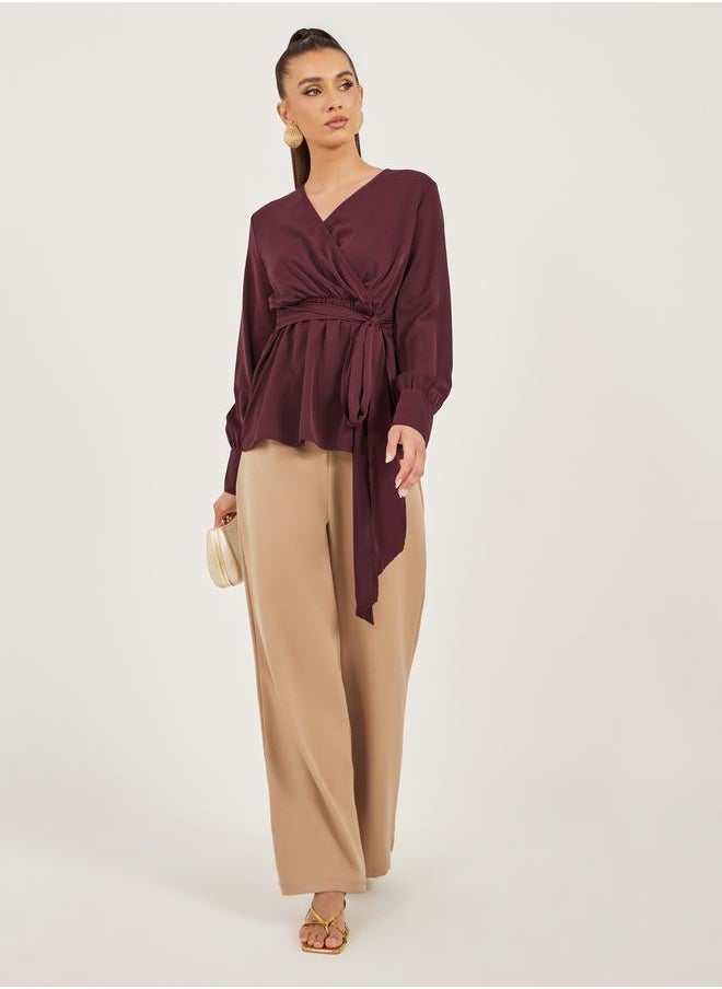 Styli - Balloon Sleeve Wrap Top with Tie-Up Waist Detail - Image 1