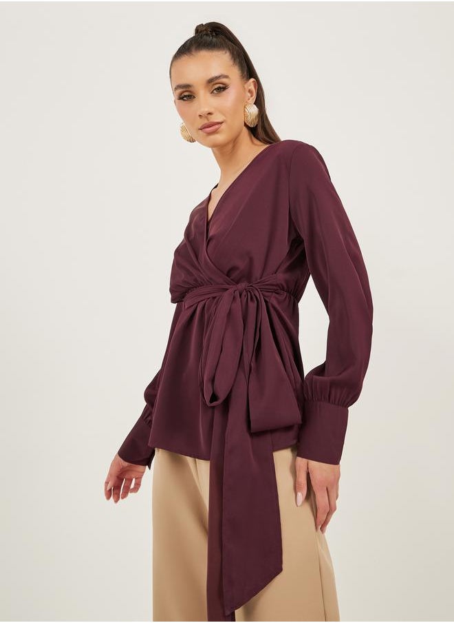Styli - Balloon Sleeve Wrap Top with Tie-Up Waist Detail - Image 1