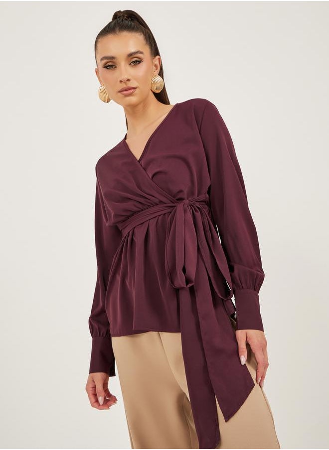 Styli - Balloon Sleeve Wrap Top with Tie-Up Waist Detail - Image 1
