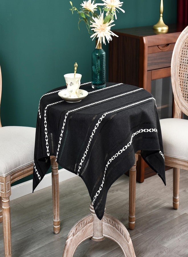 NEWISHER Rustic Farmhouse Embroidered Square Tablecloth Jacquard Striped Table Cloth Linen Washable Dining Table Cover Kitchen Dining Home Decoration Black 36x36 inch - Image 2