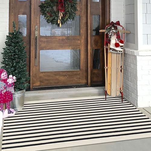 KILOCOCO Beige Striped Rug 3x5 Indoor Outdoor Rugs Front Door Rugs Hand Woven Cotton Washable Striped Layered Doormats for Front Porch/Kitchen/Farmhouse/Entryway/Patio - Image 2