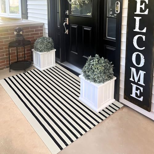 KILOCOCO Beige Striped Rug 3x5 Indoor Outdoor Rugs Front Door Rugs Hand Woven Cotton Washable Striped Layered Doormats for Front Porch/Kitchen/Farmhouse/Entryway/Patio - Image 1