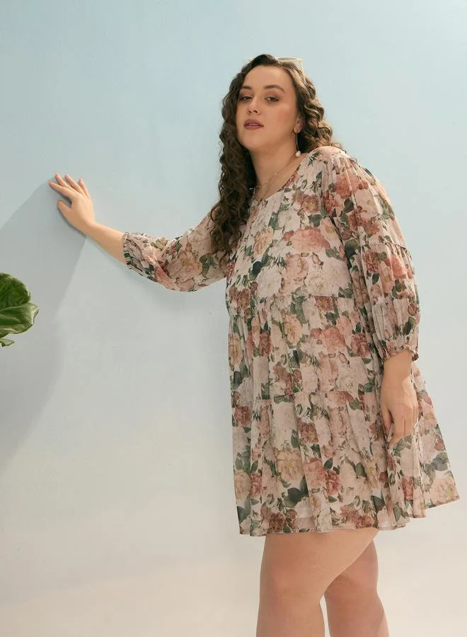 SASSAFRAS Sassafras Plus Tiered Mini Dress with Floral Print