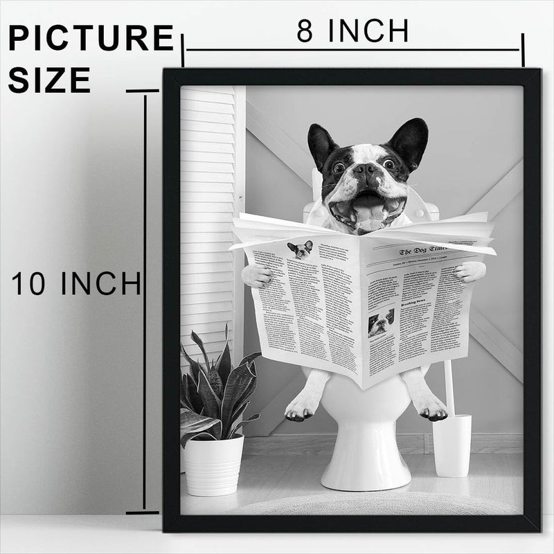 Biufo Framed Wall Art Dog on Toilet Wall Decor Canvas Print Poster Black White Picture for Bathroom Bedroom (8""x10"") - Image 2
