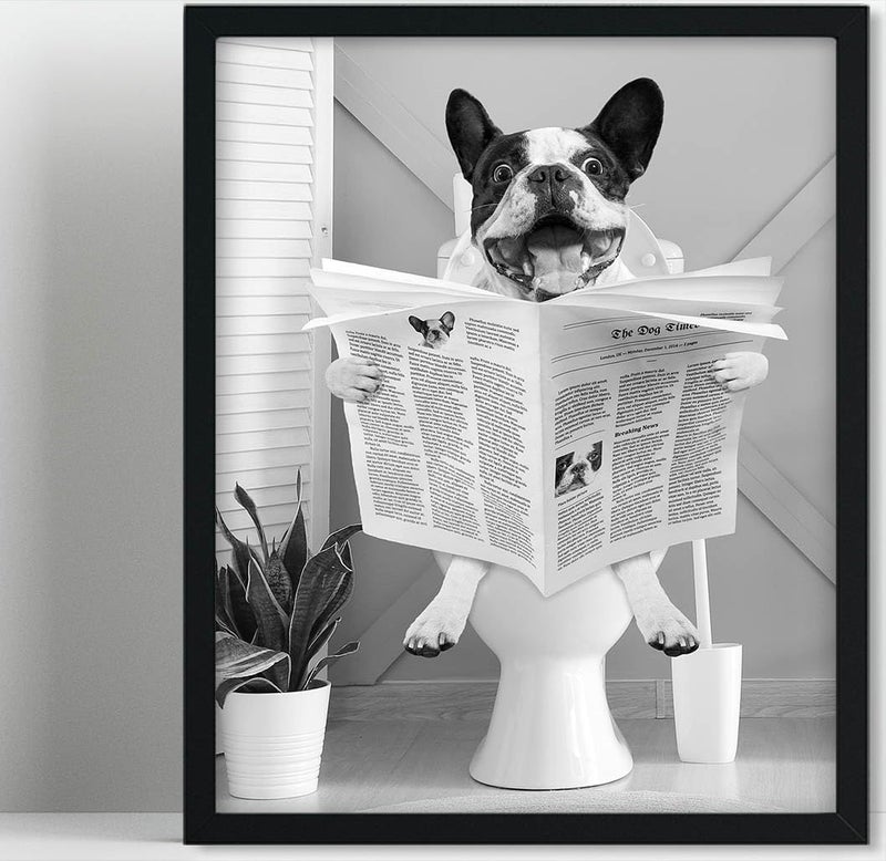 Biufo Framed Wall Art Dog on Toilet Wall Decor Canvas Print Poster Black White Picture for Bathroom Bedroom (8""x10"") - Image 1