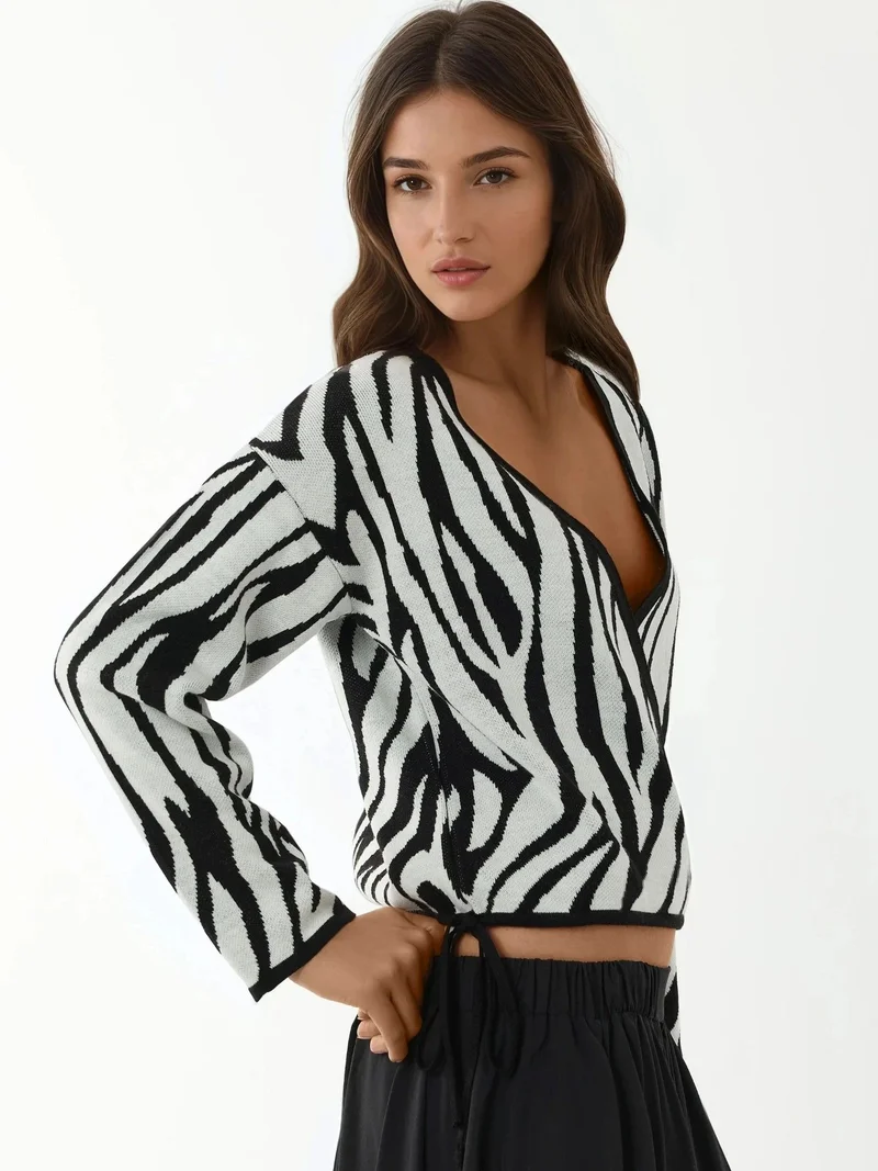 HICCUP Zebra Print V-Neck Sweater