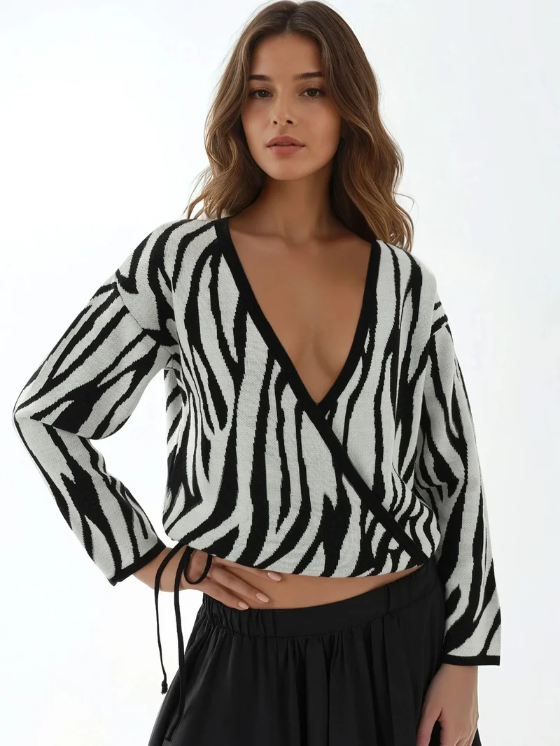 HICCUP Zebra Print V-Neck Sweater