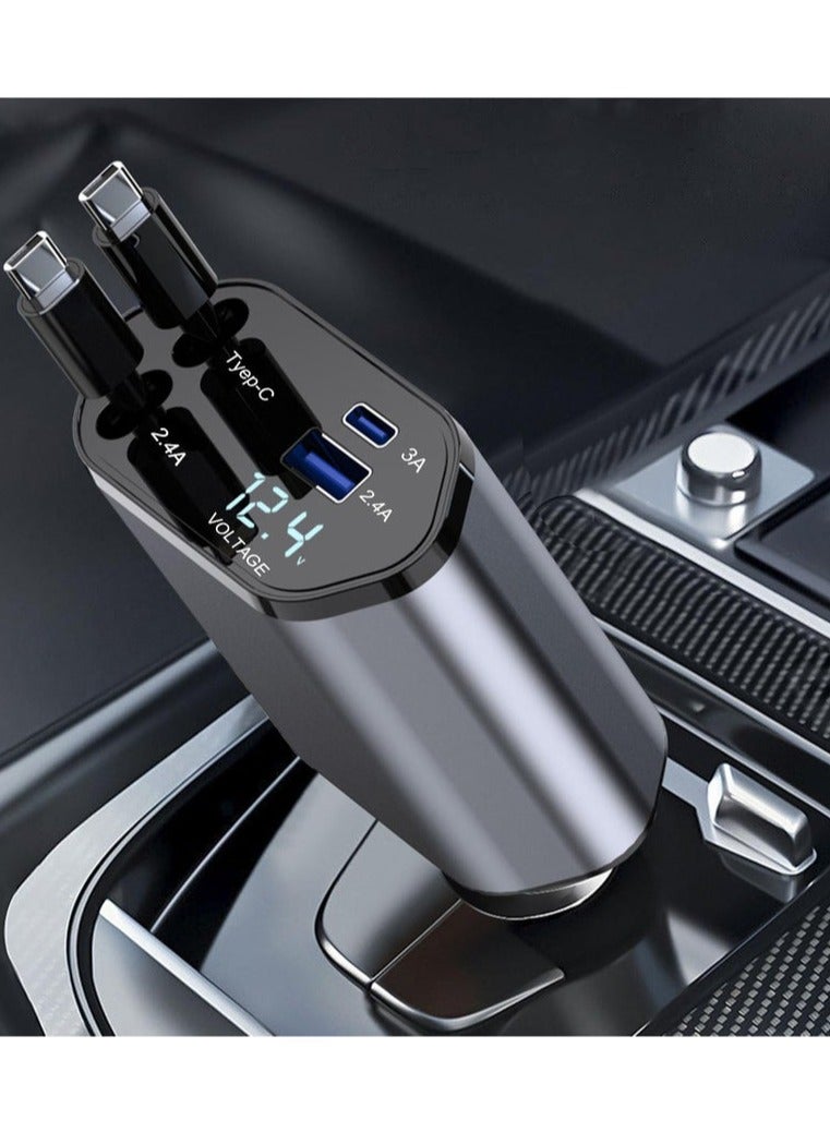 Retractable Car Charger, 4-in-1 Fast Charging Car Charger 120W, 2.6-inch dual Type-C retractable charging cable and 2 USB ports Safe Charging is Not Hot, And It is Suitable For Various Devices Such As Mobile Phones, iPads, Dash Recorders, Tablets. - Image 1