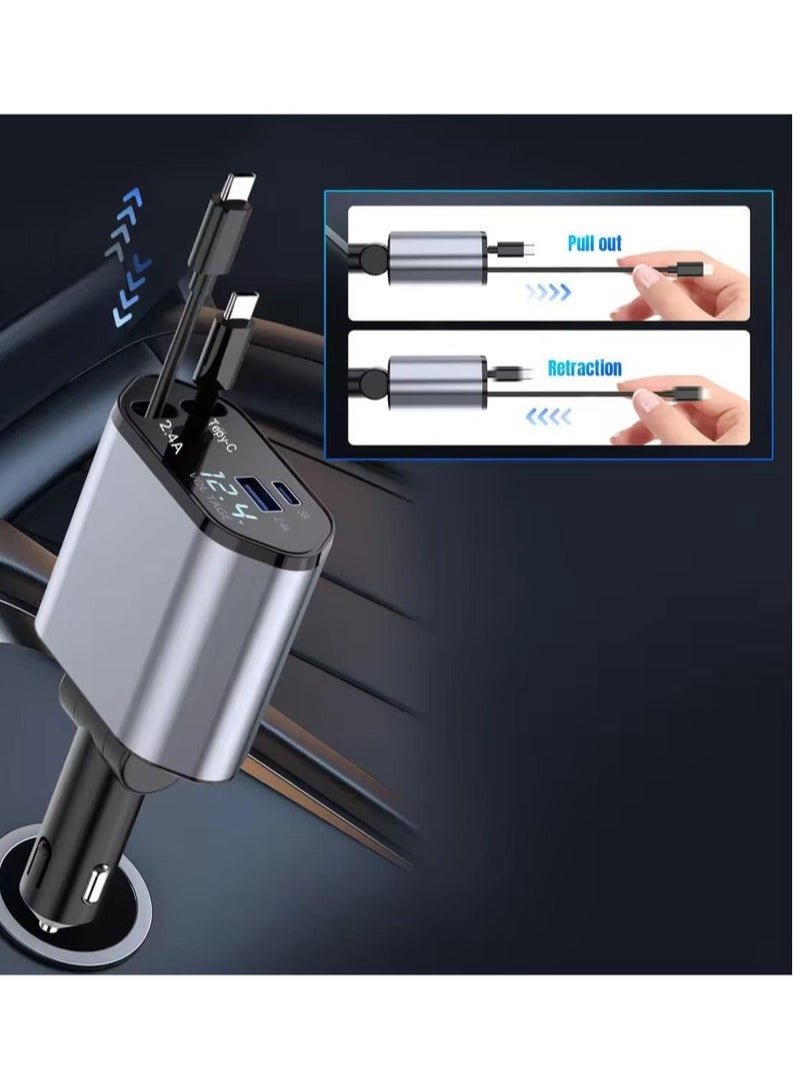 Retractable Car Charger, 4-in-1 Fast Charging Car Charger 120W, 2.6-inch dual Type-C retractable charging cable and 2 USB ports Safe Charging is Not Hot, And It is Suitable For Various Devices Such As Mobile Phones, iPads, Dash Recorders, Tablets. - Image 5