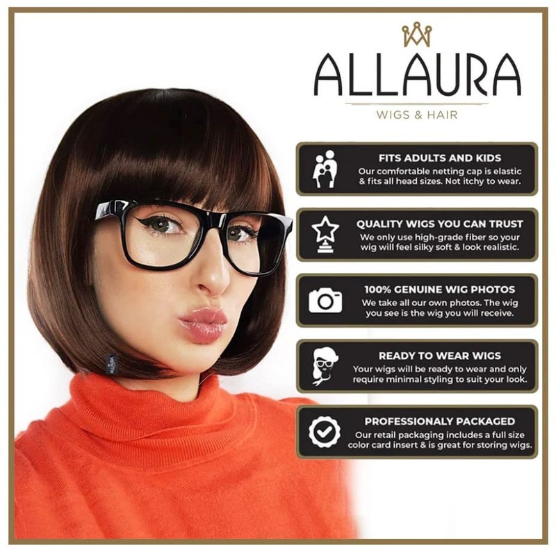 ALLAURA Compatible with Velma Wig – Brown Bob Wig with Glasses for Women – Cosplay, Flapper Wig with Bangs, Cartoon Detective Look, Halloween Costume, Dora Style, Retro Nerdy Outfit Accessory - Image 4