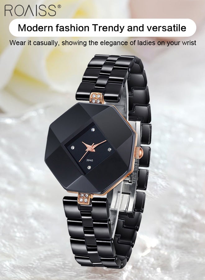 roaiss Women's Quartz Watch with Ceramic Strap, Analog Display Rhombus Dial with Rhinestones Decoration, Luxurious Exquisite Waterproof Wristwatch as Gift for Ladies - Image 3