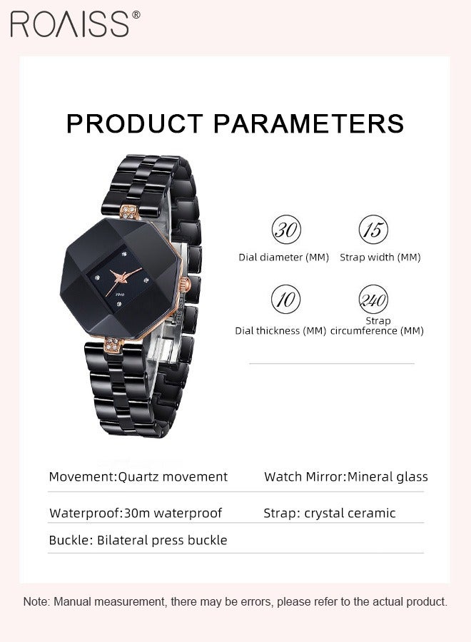 roaiss Women's Quartz Watch with Ceramic Strap, Analog Display Rhombus Dial with Rhinestones Decoration, Luxurious Exquisite Waterproof Wristwatch as Gift for Ladies - Image 4