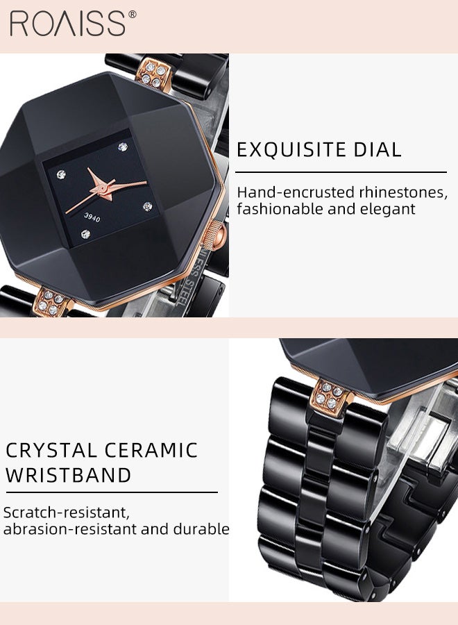 roaiss Women's Quartz Watch with Ceramic Strap, Analog Display Rhombus Dial with Rhinestones Decoration, Luxurious Exquisite Waterproof Wristwatch as Gift for Ladies - Image 5