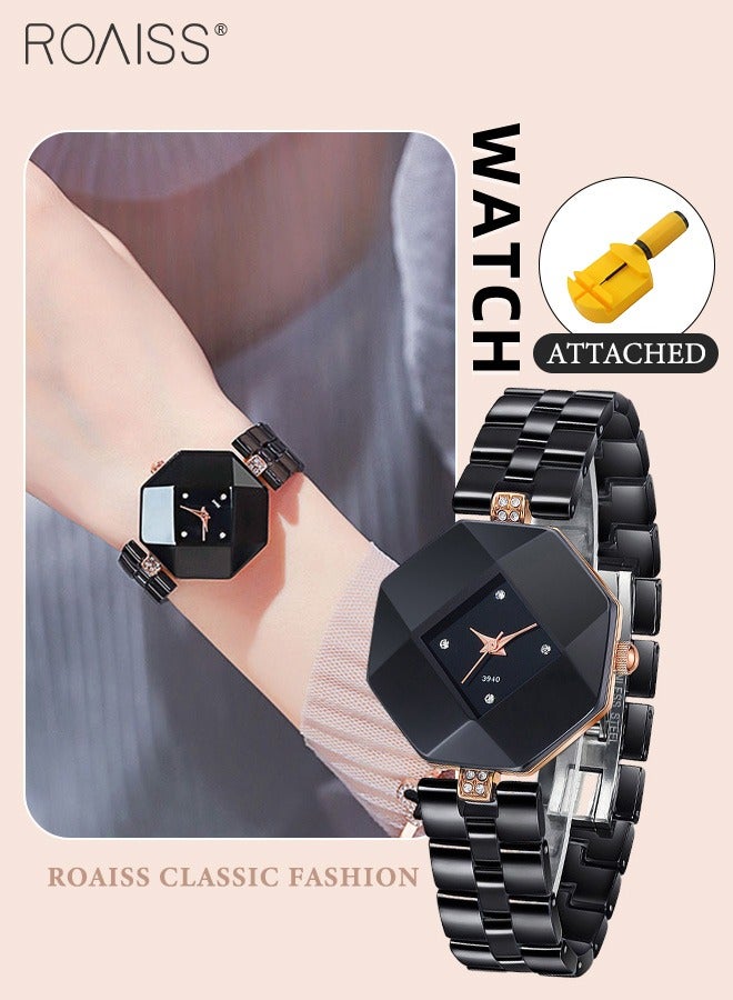 roaiss Women's Quartz Watch with Ceramic Strap, Analog Display Rhombus Dial with Rhinestones Decoration, Luxurious Exquisite Waterproof Wristwatch as Gift for Ladies - Image 1