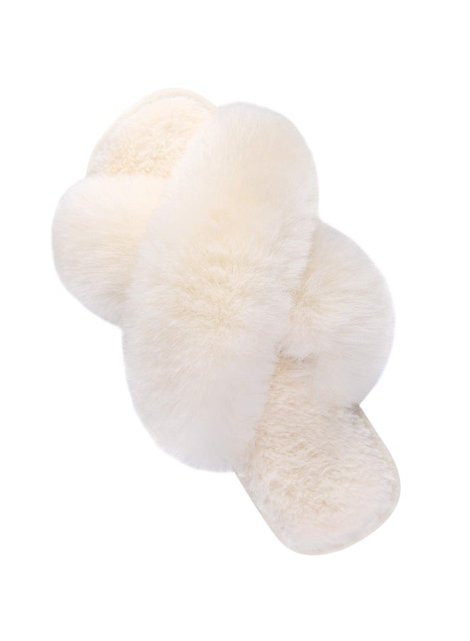 Womens Cross Band Slippers Cozy Furry Fuzzy House Slippers Open Toe Fluffy Indoor Shoes Outdoor Slip on Warm Breathable Anti-skid Sole - Image 1